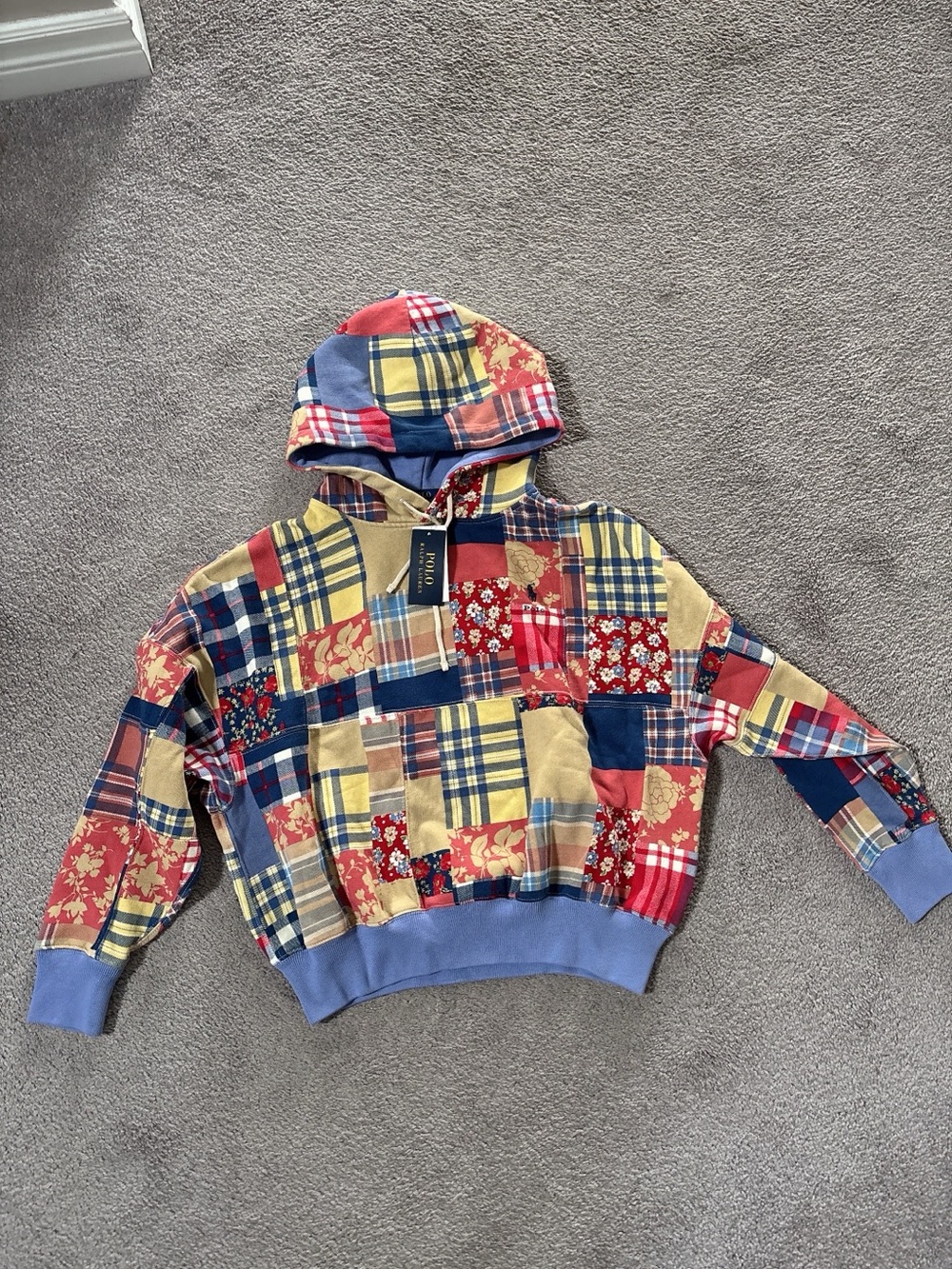 NWT!Polo Ralph Lauren Patchwork Hoodie Plaid Floral Drawstring Hood